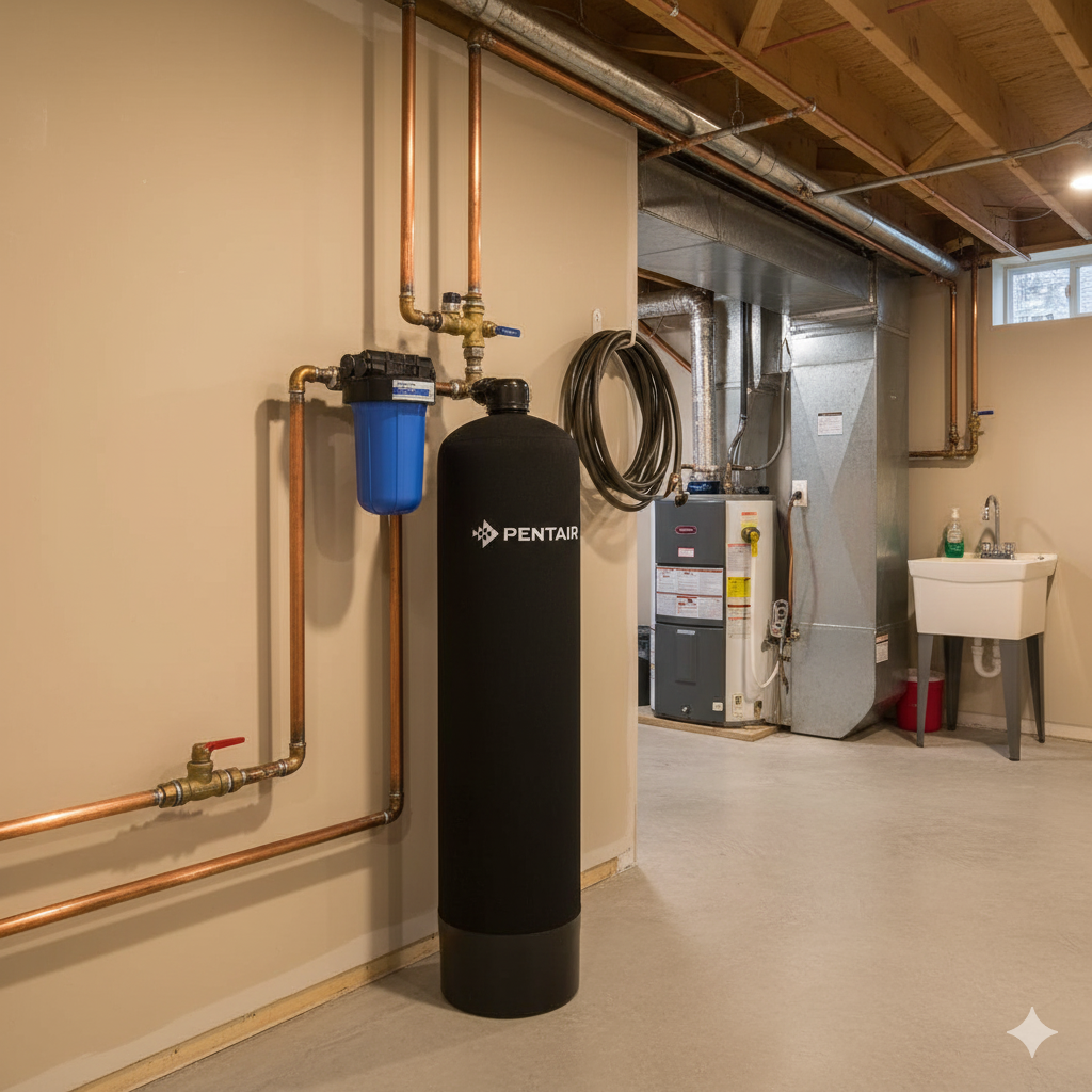 Pentair water filter system in a basement setting with pipes and equipment.