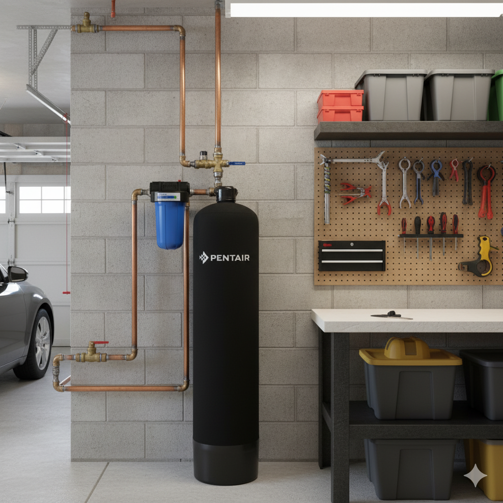 Pentair water filter system in a garage setting with tools on a pegboard.